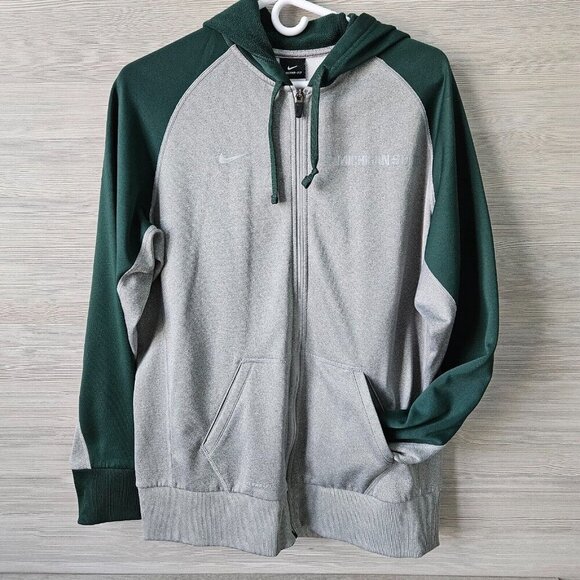 Nike Therma Fit Hoodie Mens L Michigan State Spartans Gray Green Raglan Sleeve - Picture 5 of 16
